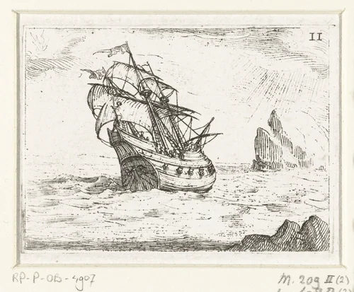 Schip in een storm by Jacques Callot, print, 1625-1629