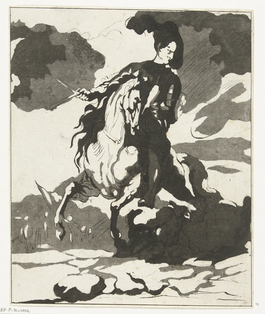 Ruiter met hond by Anthonie van den Bos, print, 1778-1838