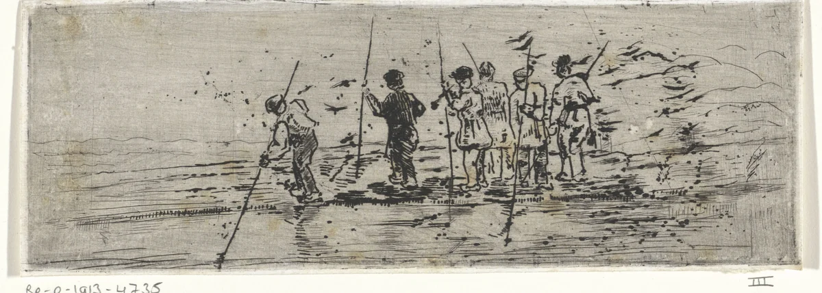 Figuren met vaarbomen op een drijvend vlonder by Arnoud Schaepkens, print, 1831-1904