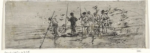 Figuren met vaarbomen op een drijvend vlonder by Arnoud Schaepkens, print, 1831-1904