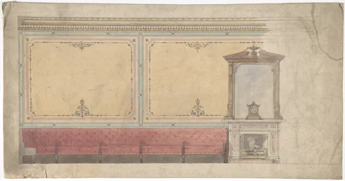 Design for Wall including Chimney and Red Banquette by anonymous, drawing, 1800-1900