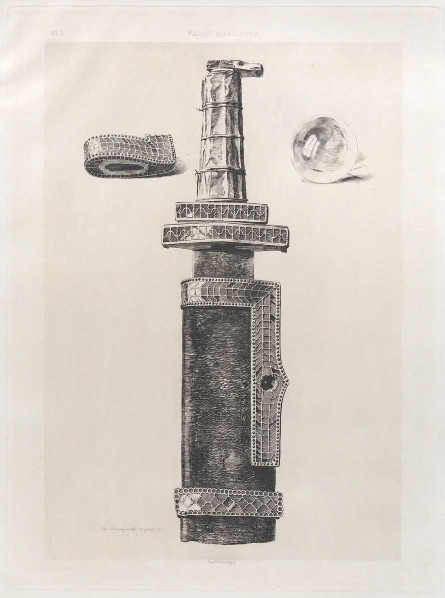Sword of Childeric and Chrystal Globe Found in His Grave at Tournay, 5th century by Jules Ferdinand Jacquemart, print, 1864