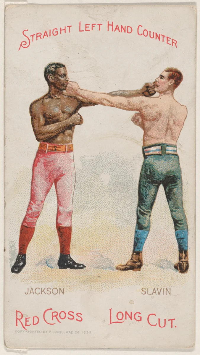 Straight Left Hand Counter, Peter Jackson and Fred Slavin, from the Boxing Positions and Boxers series (N266) issued by P. Lorillard Company to promote Red Cross Long Cut Tobacco by P. Lorillard Company, print, 1893