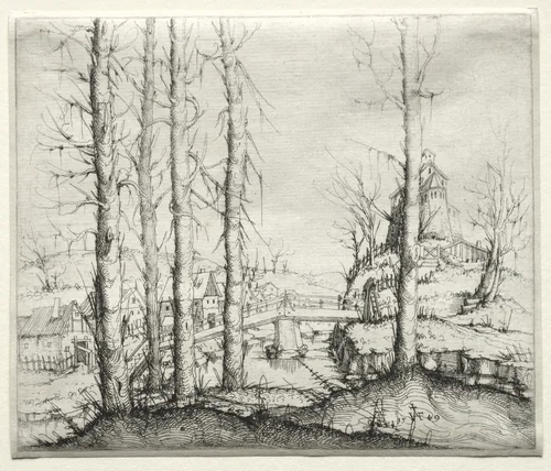 River Landscape with Five Bare Spruce Trees in the Foreground by Augustin Hirschvogel, print, 1549