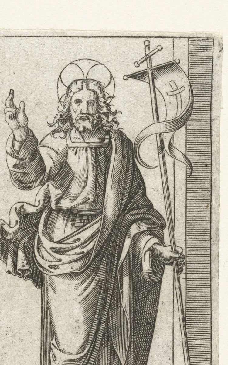 Christus met kruisvaandel maakt zegenend gebaar by anonymous, print, 1517-1577