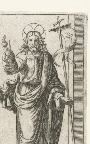 Christus met kruisvaandel maakt zegenend gebaar by anonymous, print, 1517-1577
