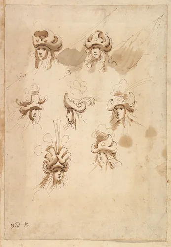 Seven Designs for Hats. by Baccio del Bianco, drawing, 1604-1656