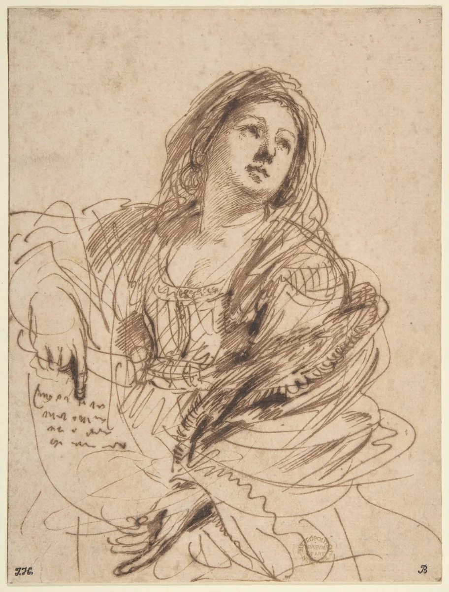 A Sibyl Holding a Scroll (Study for the Cimmerian Sibyl) by Guercino, drawing, 1638