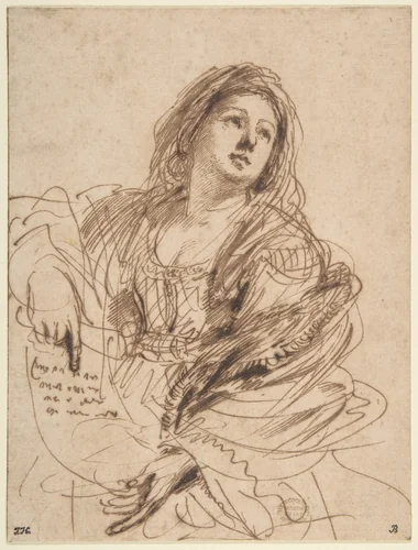 A Sibyl Holding a Scroll (Study for the Cimmerian Sibyl) by Guercino, drawing, 1638
