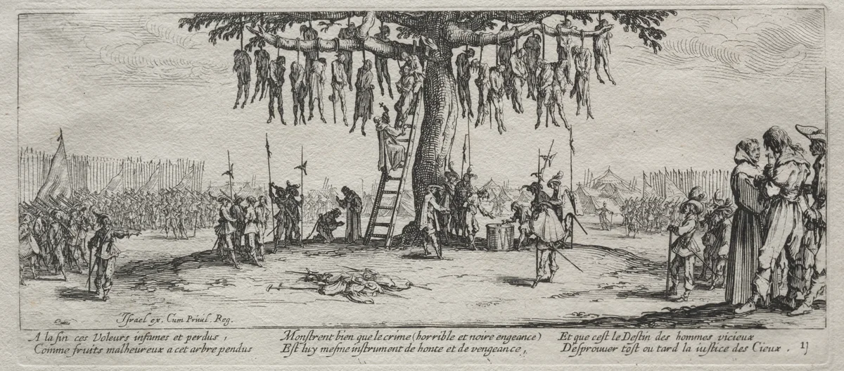 The Large Miseries of War: The Hanging by Jacques Callot, print, 1633