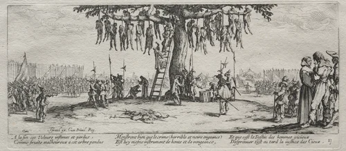 The Large Miseries of War: The Hanging by Jacques Callot, print, 1633
