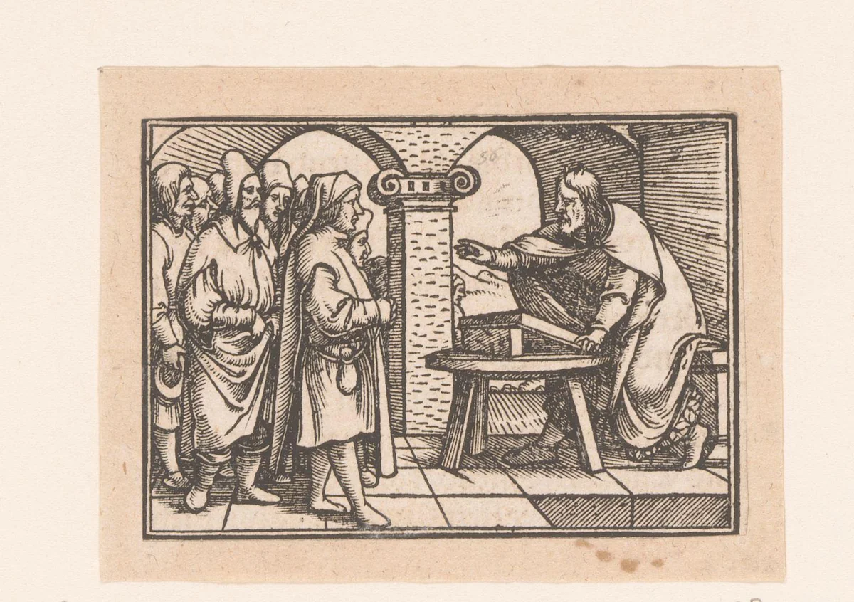 Mozes leest de wetten voor by anonymous, print, 1552