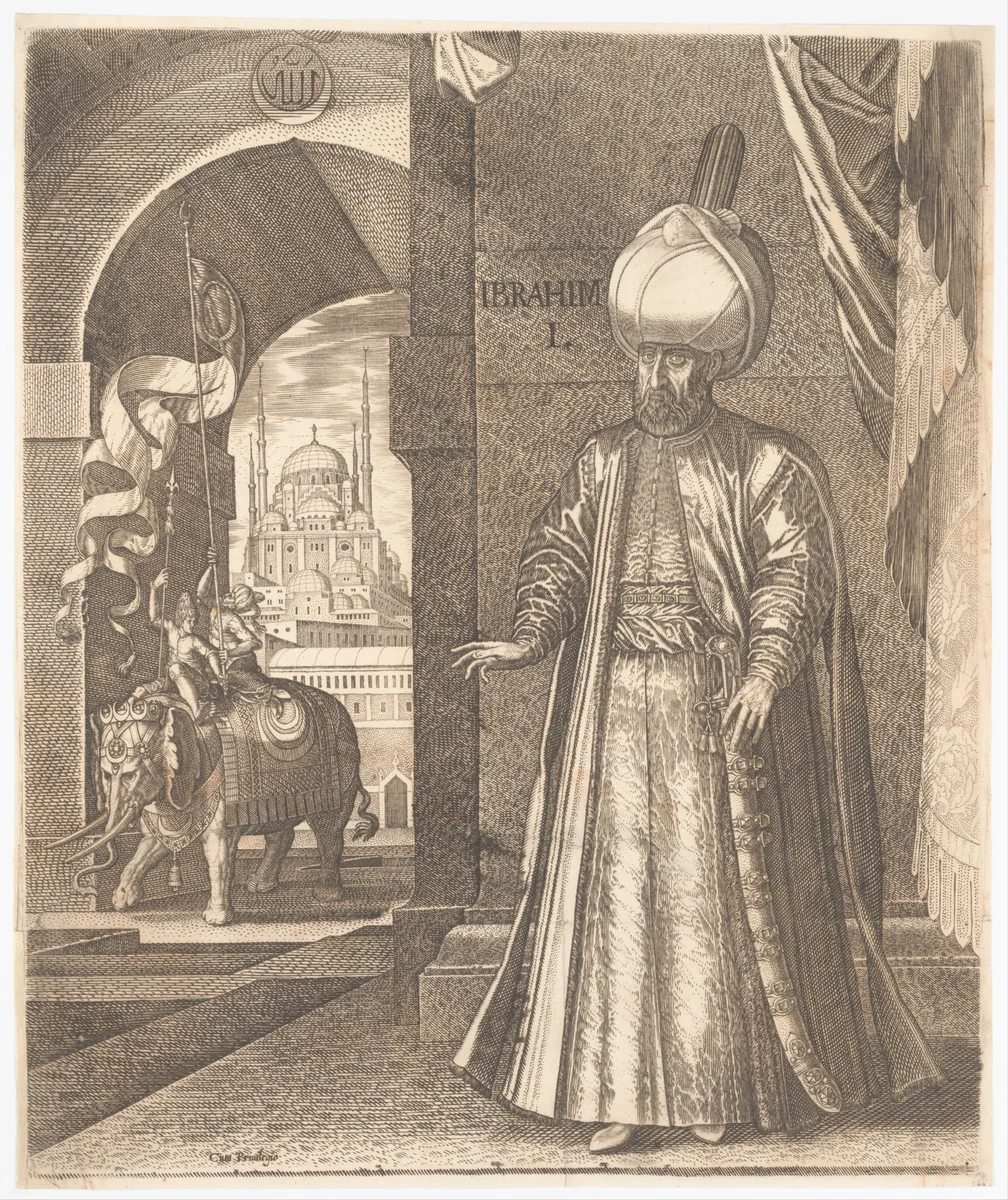 Sultan Süleyman and the Süleymaniye Mosque, Constantinople, 1574 (or earlier), altered in 1688 to represent Ibrahim I by Melchior Lorck, print, 1559-1688