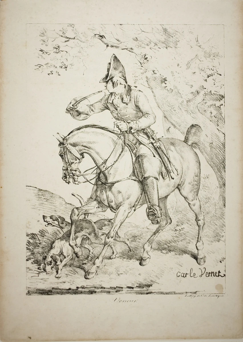 Mounted Huntsman Sounding a Horn by Carle Vernet, print, 1813-1823