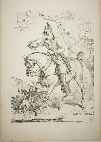 Mounted Huntsman Sounding a Horn by Carle Vernet, print, 1813-1823