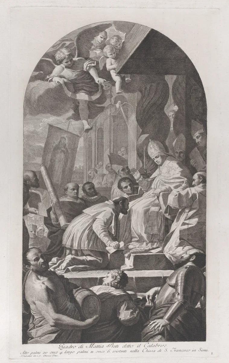 Plate 8: Canonization of Saint Catherine of Siena; Pius II seated on a throne at right, blessing his nephew, Francesco Todeschini Piccolomini, who kneels before him; after Mattia Preti by Giuliano Traballesi, print, 1755-1785