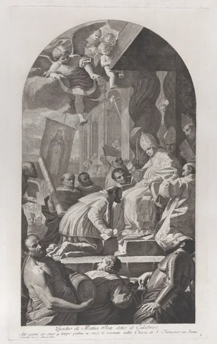 Plate 8: Canonization of Saint Catherine of Siena; Pius II seated on a throne at right, blessing his nephew, Francesco Todeschini Piccolomini, who kneels before him; after Mattia Preti by Giuliano Traballesi, print, 1755-1785