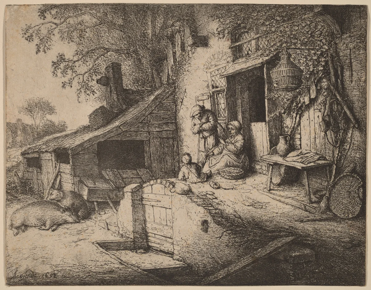 Farmstead wtih a Peasant Family Outside the Front Door, the Woman Spinning by Adriaen van Ostade, print, 1652