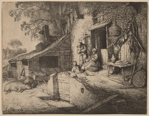 Farmstead wtih a Peasant Family Outside the Front Door, the Woman Spinning by Adriaen van Ostade, print, 1652