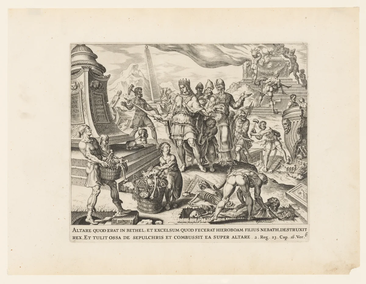 The Destruction of the Altar at Bethel and the Exhumation of the Bones from the Sepulchers by Claes Jansz Visscher, print, 1564-1646