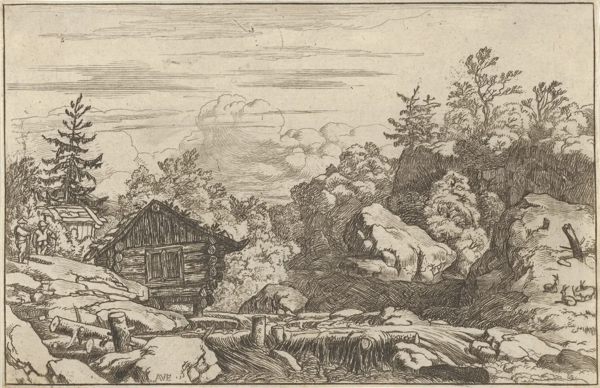The Cottages at the Bank by Allart van Everdingen, print, 1621-1675
