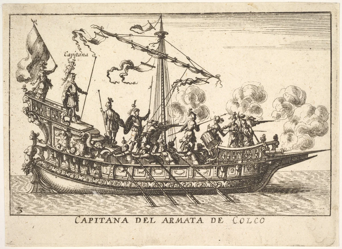 Plate 3: Captain of the army of Chalchis (Capitana del armata de Colco), from "The magnificent pageant on the river Arno in Florence for the marriage of the Grand Duke" (Le Magnifique carousel fait sur le fleuve de l'Arne a Florence, pour le mariage du Grand Duc) by anonymous, print, 1664