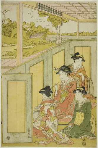 Ladies behind screen in a daimyo's mansion by Utagawa Toyokuni I (初代 歌川 豊国), print, 1769-1825