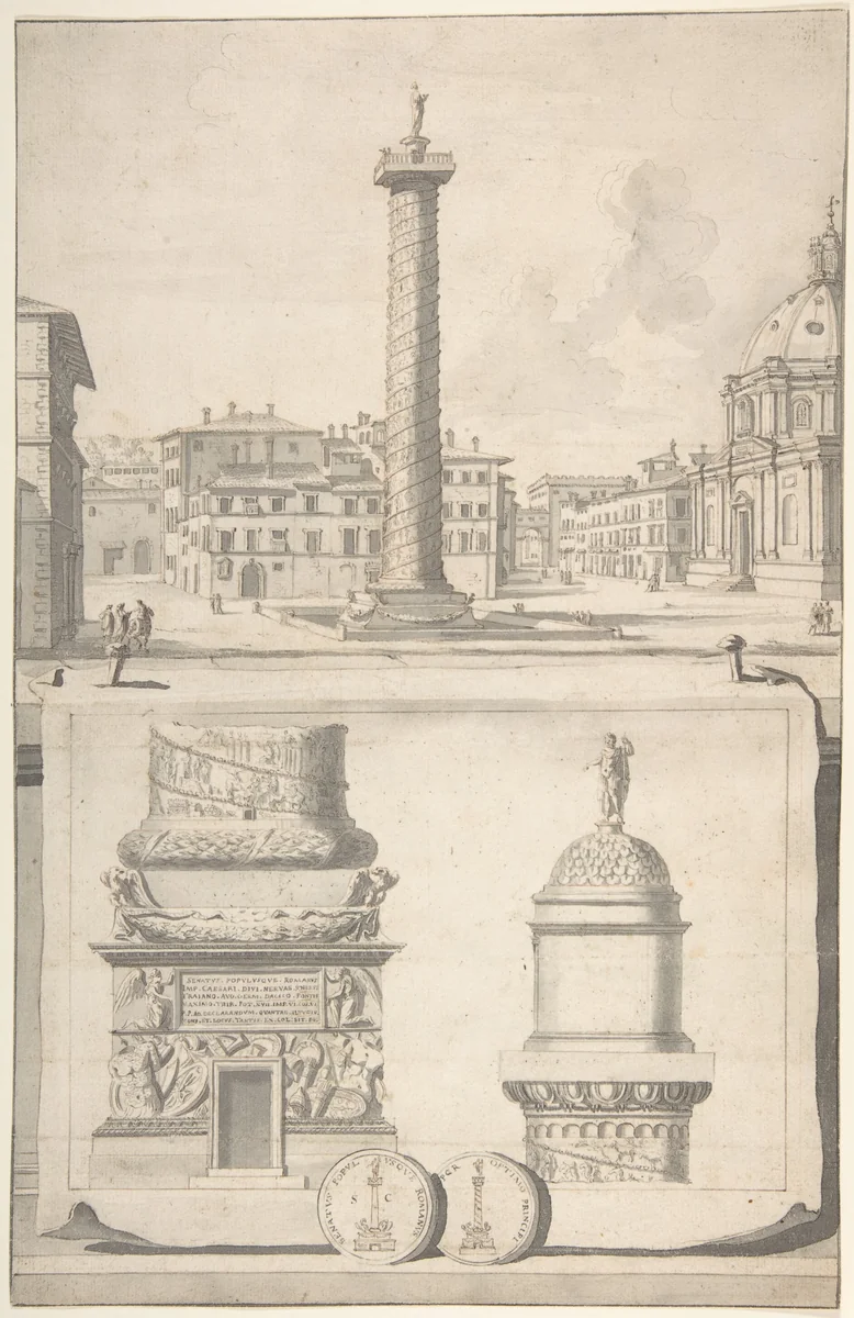 A View of the Column of Trajan (above) with Details (below) by Jan Goeree, drawing, 1690-1704