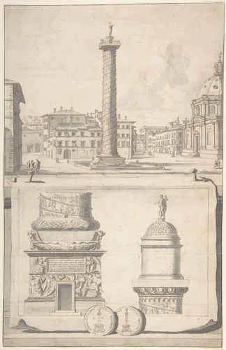 A View of the Column of Trajan (above) with Details (below) by Jan Goeree, drawing, 1690-1704