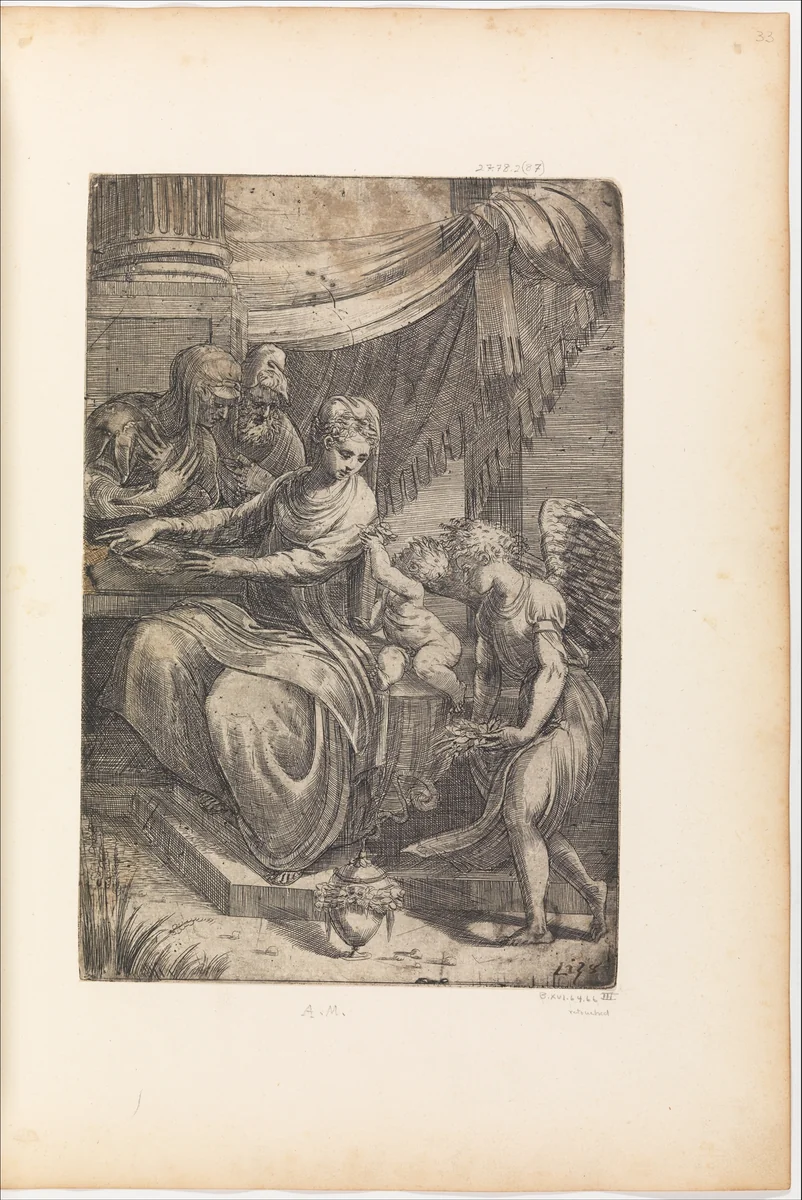 Holy Family with Angel by Andrea Schiavone, print, 1510-1563