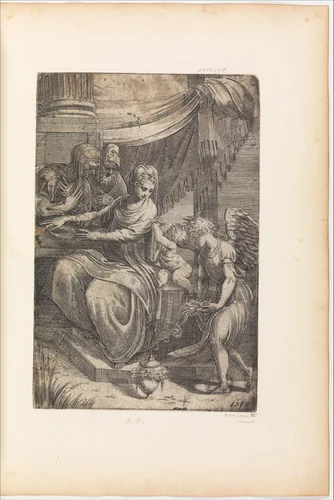 Holy Family with Angel by Andrea Schiavone, print, 1510-1563