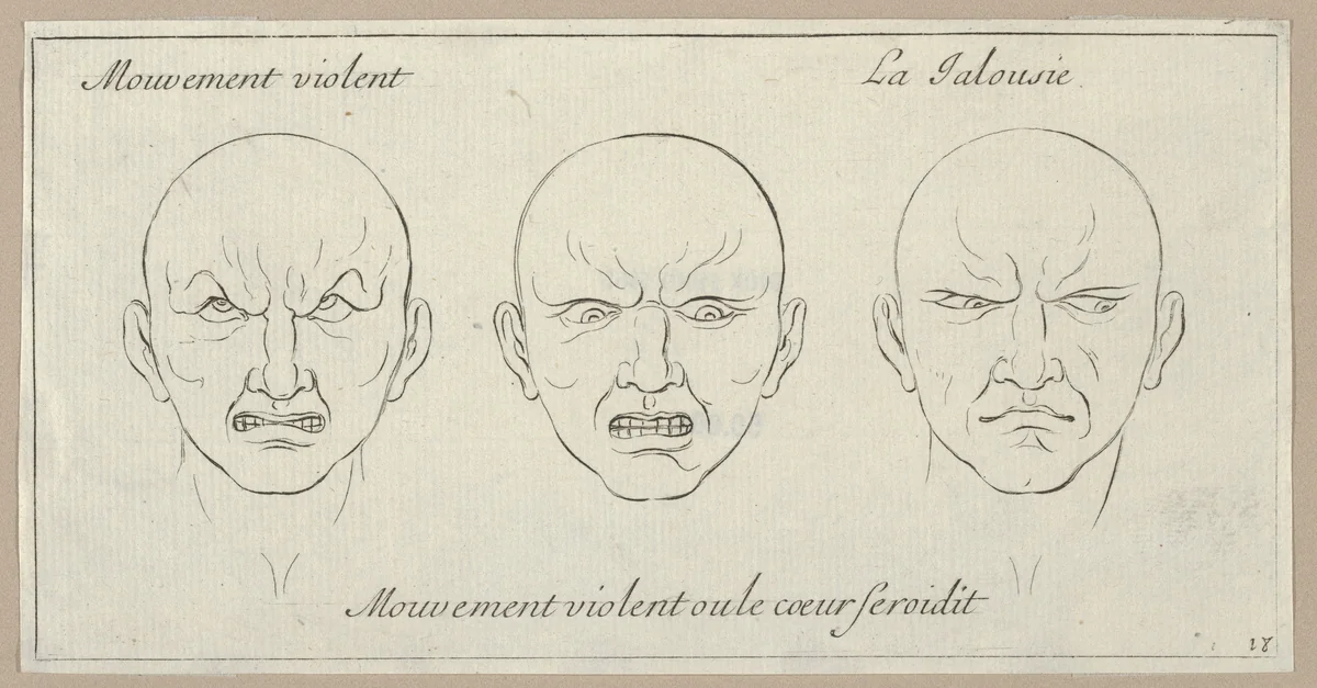 Mouvement Violent, Mouvement violent ou le coeur seroidit, La Jalousie, from "Caractères des passions, gravés sur les desseins de l'illustre Monsieur le Brun" by Sébastien Le Clerc, print, 1695-1720
