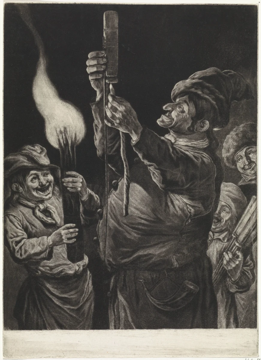 De man met een vuurpijl, met toeschouwers, 1695 by Jacob Gole, print, 1695-1724