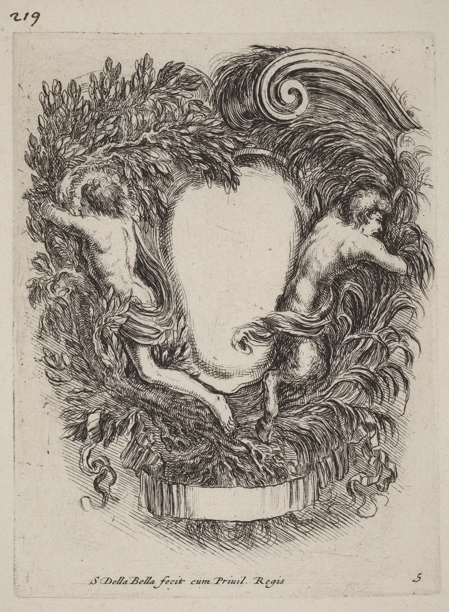 Cartouche with Apollo and Pan by Stefano della Bella, print, 1647