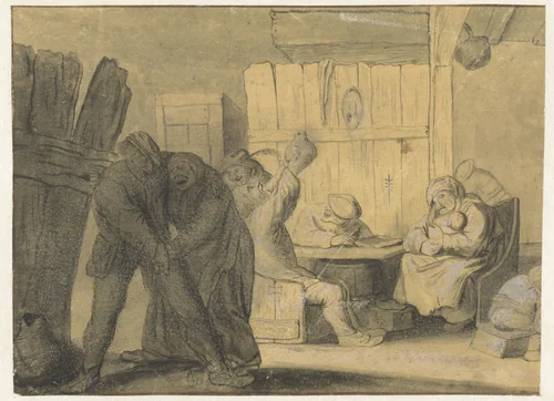 Scène in een boereninterieur by anonymous, drawing, 1600-1699