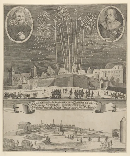 Fireworks display by Lorenz Müller as proof of mastership, Nuremberg 1635 by anonymous, print, 1635
