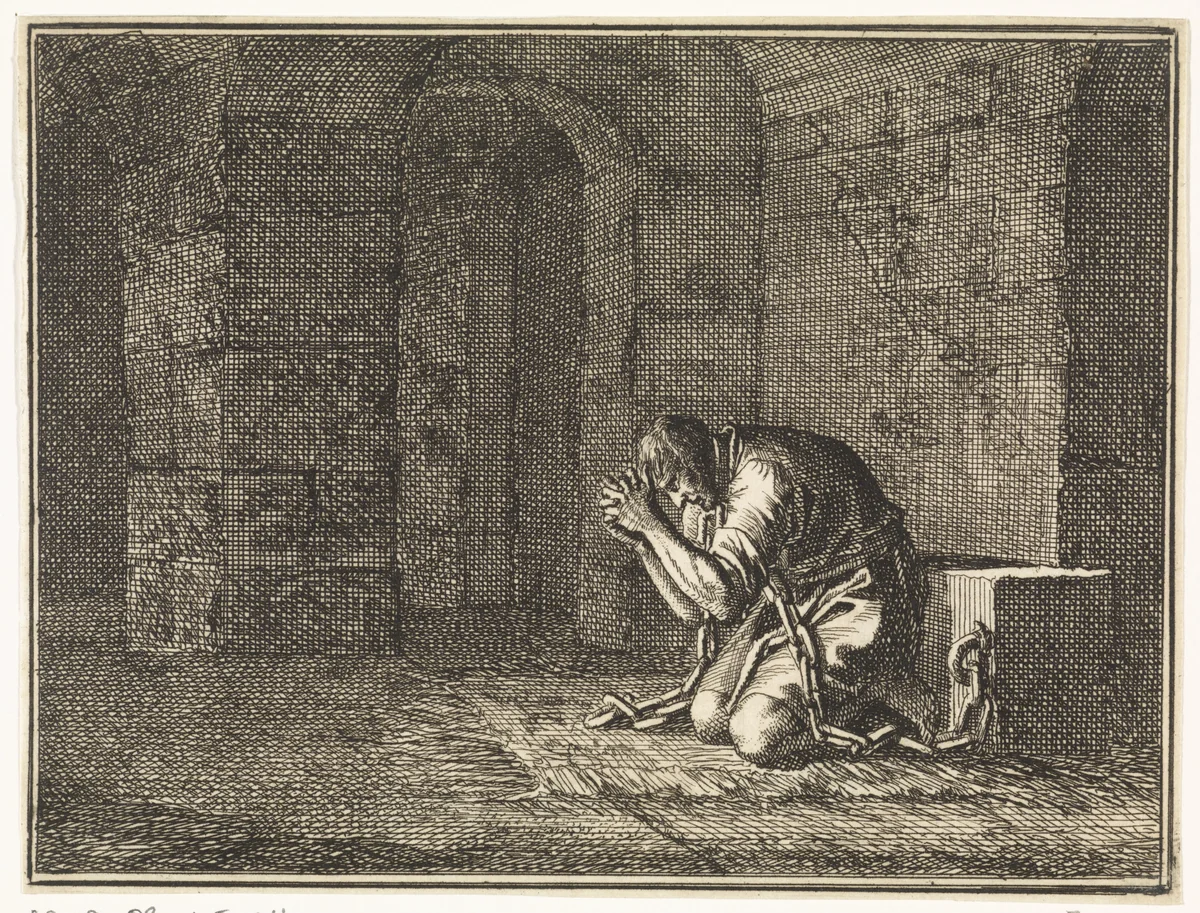Manasse bekeert zich in de gevangenis by Jan Luyken, print, 1712