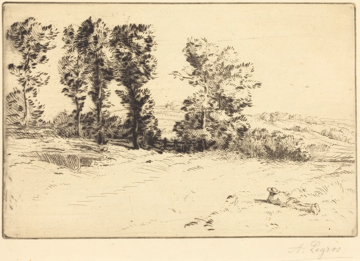 Meadow in Sunshine (Le pre ensoleille) by Alphonse Legros, print, 1837-1911