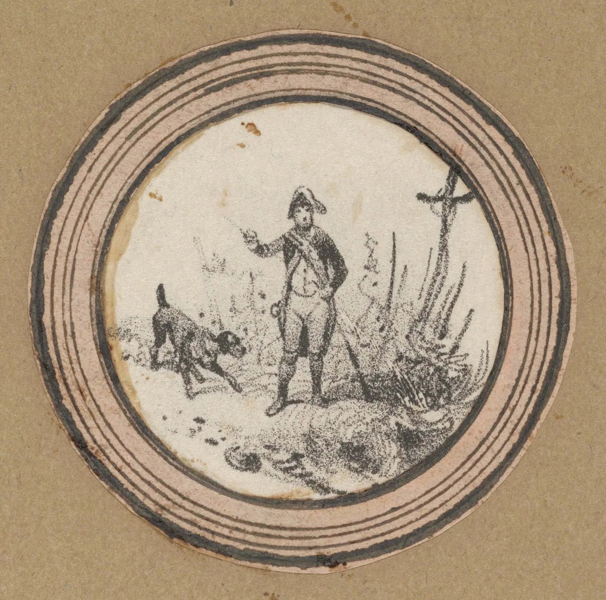Standing soldier with a dog and a crucifix by Victor Adam, print, 1820-1866