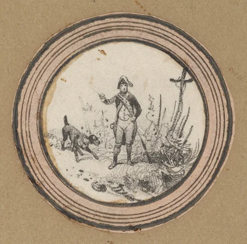 Standing soldier with a dog and a crucifix by Victor Adam, print, 1820-1866