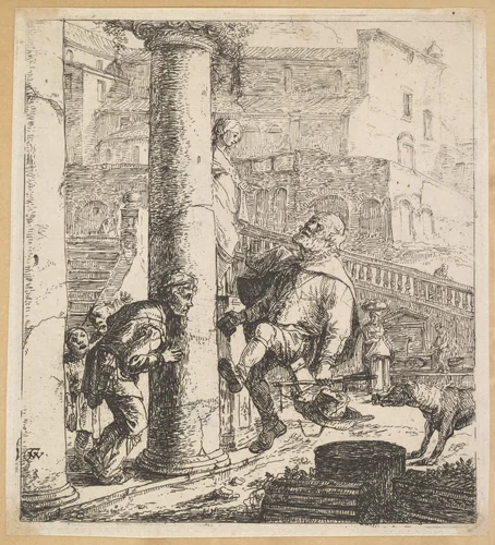 Blind Beggar Bumping A Pillar by Thomas Wijck, print, 1610-1677