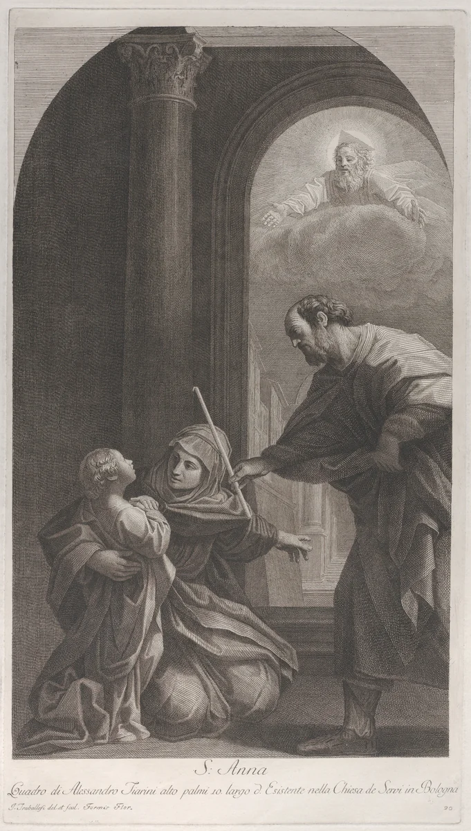 Saint Anne kneeling holding the Virgin, with Saint Joachim holding his staff at right by Giuliano Traballesi, print, 1760-1800