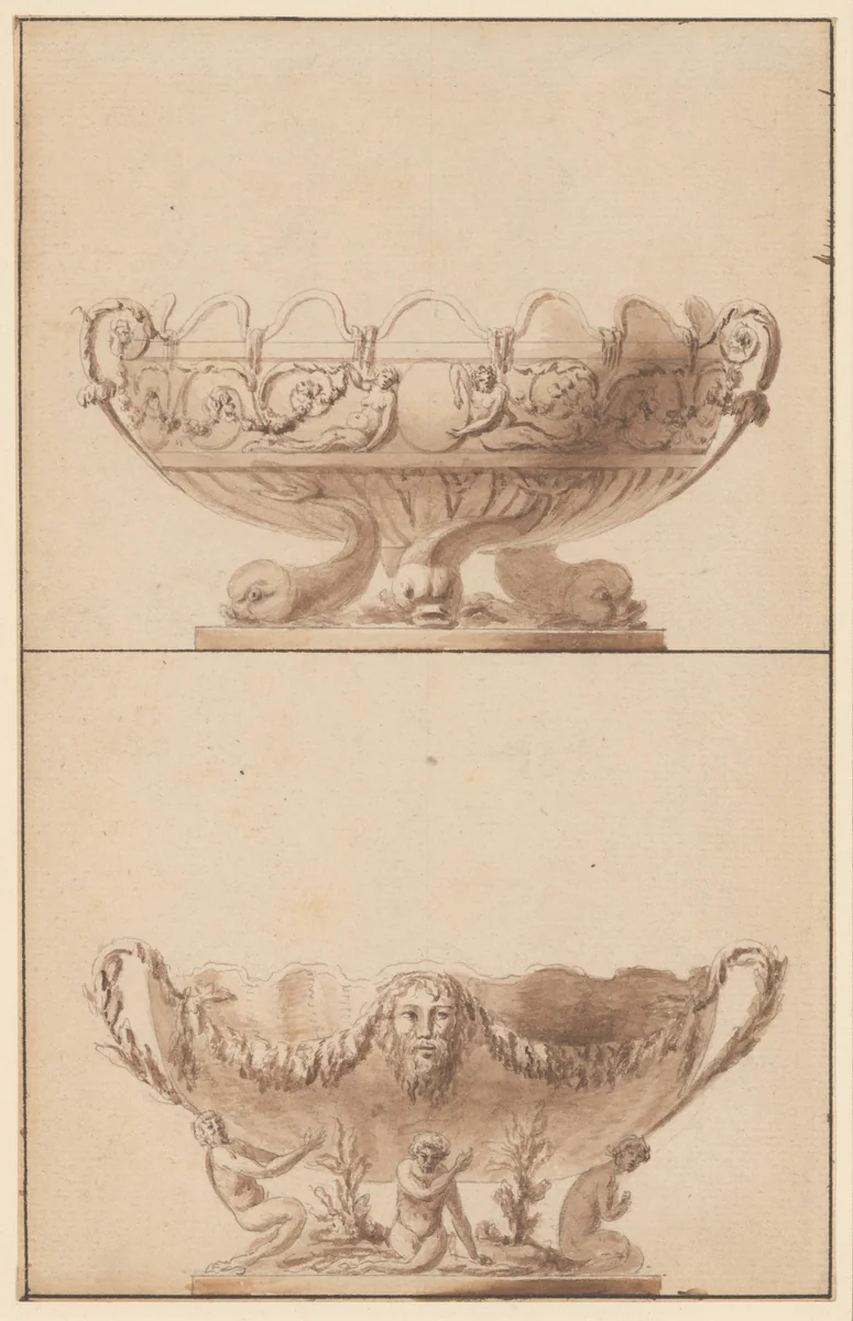 Two designs for wine coolers by anonymous, drawing, 1745-1755