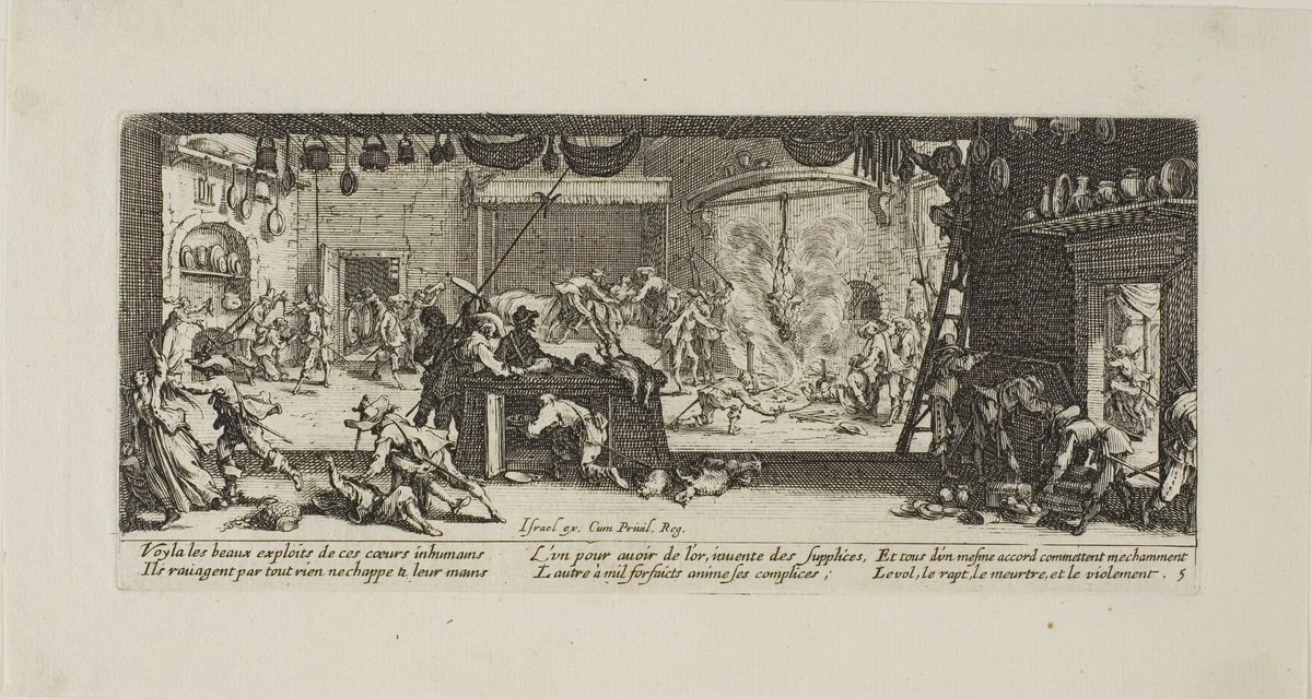 Plundering a Large Farmhouse, plate five from The Miseries of War by Jacques Callot, print, 1633