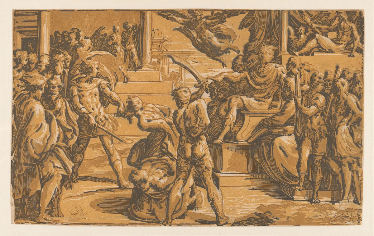 Martelaarschap van de heiligen Petrus en Paulus by Antonio da Trento, print, 1520-1550