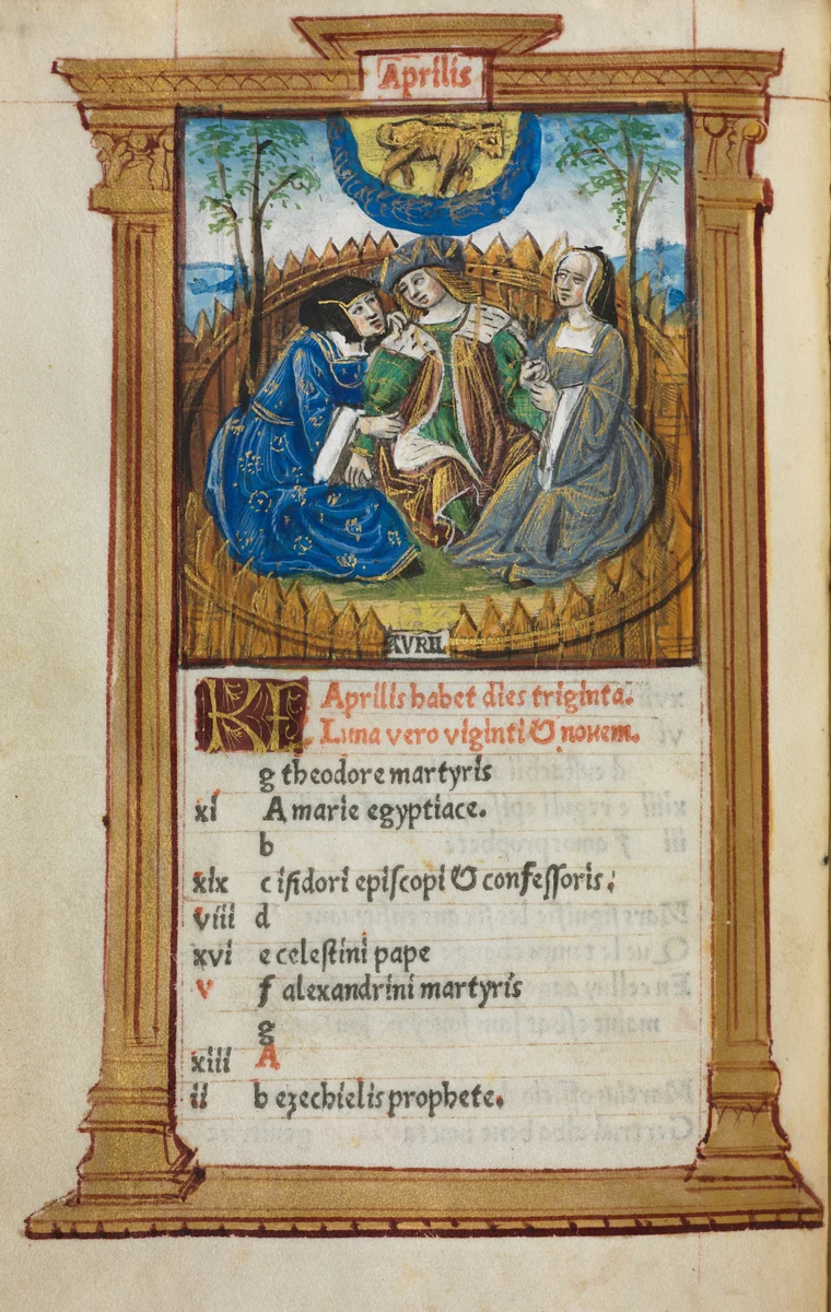Printed Book of Hours (Use of Rome): fol. 5v, April calendar illustration by Guillaume Le Rouge, book, 1510