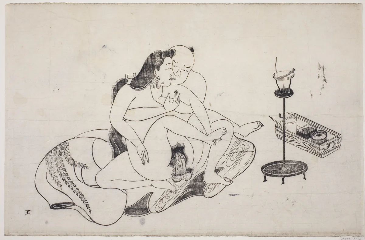 A sheet from a shunga album by Japanese, artwork, 1679