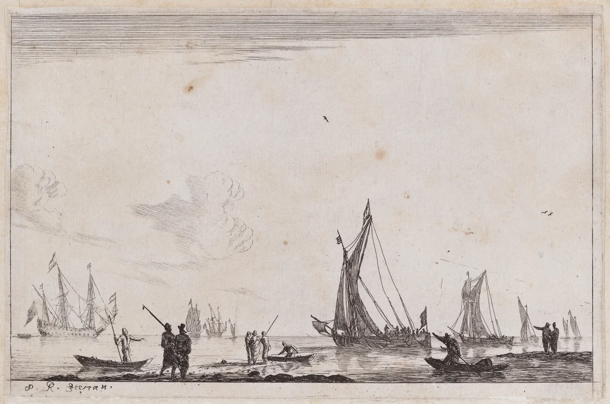 Inland Waterway with Two Galliots at the Right by Reinier Nooms, print, 1651-1661