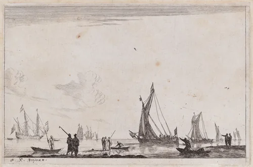 Inland Waterway with Two Galliots at the Right by Reinier Nooms, print, 1651-1661