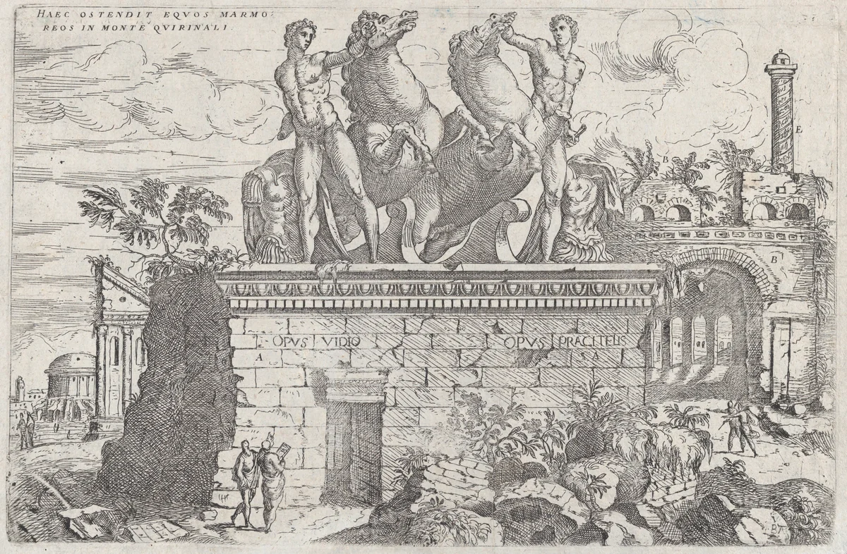 Roman ruins with the horse tamers (Dioscuri) on the Quirinal Hill, plate 36 from "Discorsi Sopra L’Antichita di Roma" by Giovanni Battista Pittoni, print, 1725-1735